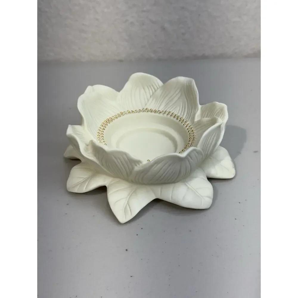 PartyLite Bisque Porcelain Magnolia Lotus Blossom Pillar Candle Holder Gold Bead - Picture 5 of 8